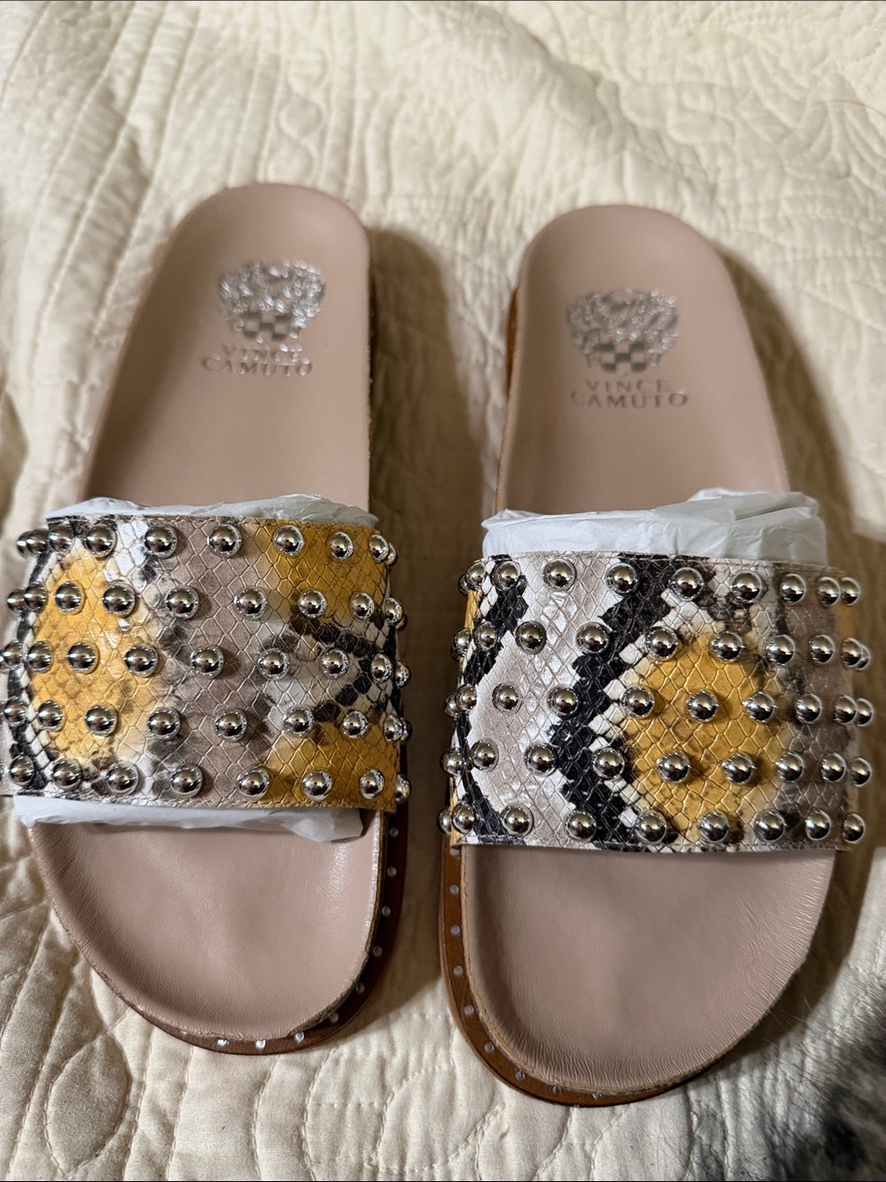 Vince Camuto Studded Snake-Print Slide Sandals in Yellow and Beige